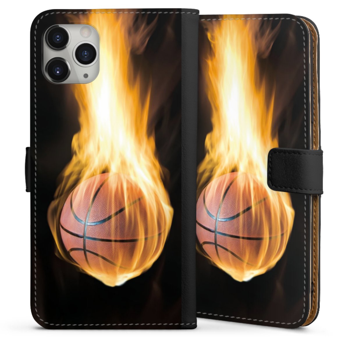 iPhone 11 Pro Max Handy Klapphülle Handyhülle aus Kunst Leder schwarz Flip Case Basketball Sports Fire Sideflip mit Lasche