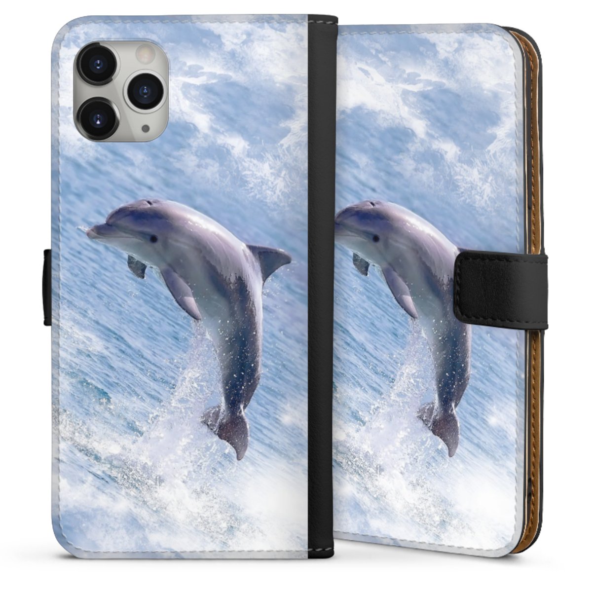 iPhone 11 Pro Max Handy Klapphülle Handyhülle aus Kunst Leder schwarz Flip Case Dolphin Ocean Wale Sideflip mit Lasche