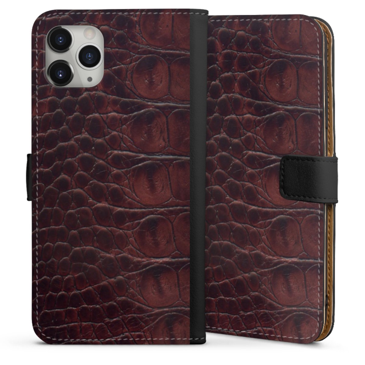 iPhone 11 Pro Max Handy Klapphülle Handyhülle aus Kunst Leder schwarz Flip Case Crocodile Animal Print Leather Sideflip mit Lasche