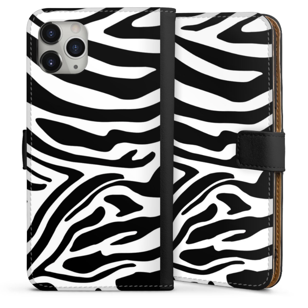 iPhone 11 Pro Max Handy Klapphülle Handyhülle aus Kunst Leder schwarz Flip Case Zebra Animal Look Animal Print Sideflip mit Lasche