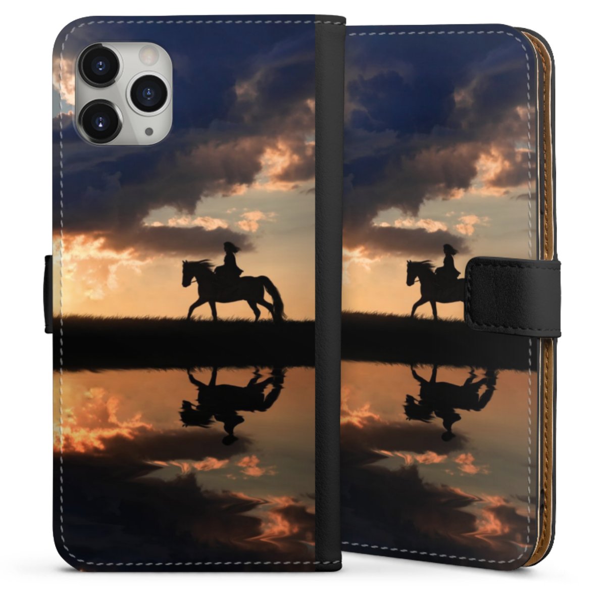 iPhone 11 Pro Max Handy Klapphülle Handyhülle aus Kunst Leder schwarz Flip Case Horse Sunset Horseback Riding Sideflip mit Lasche