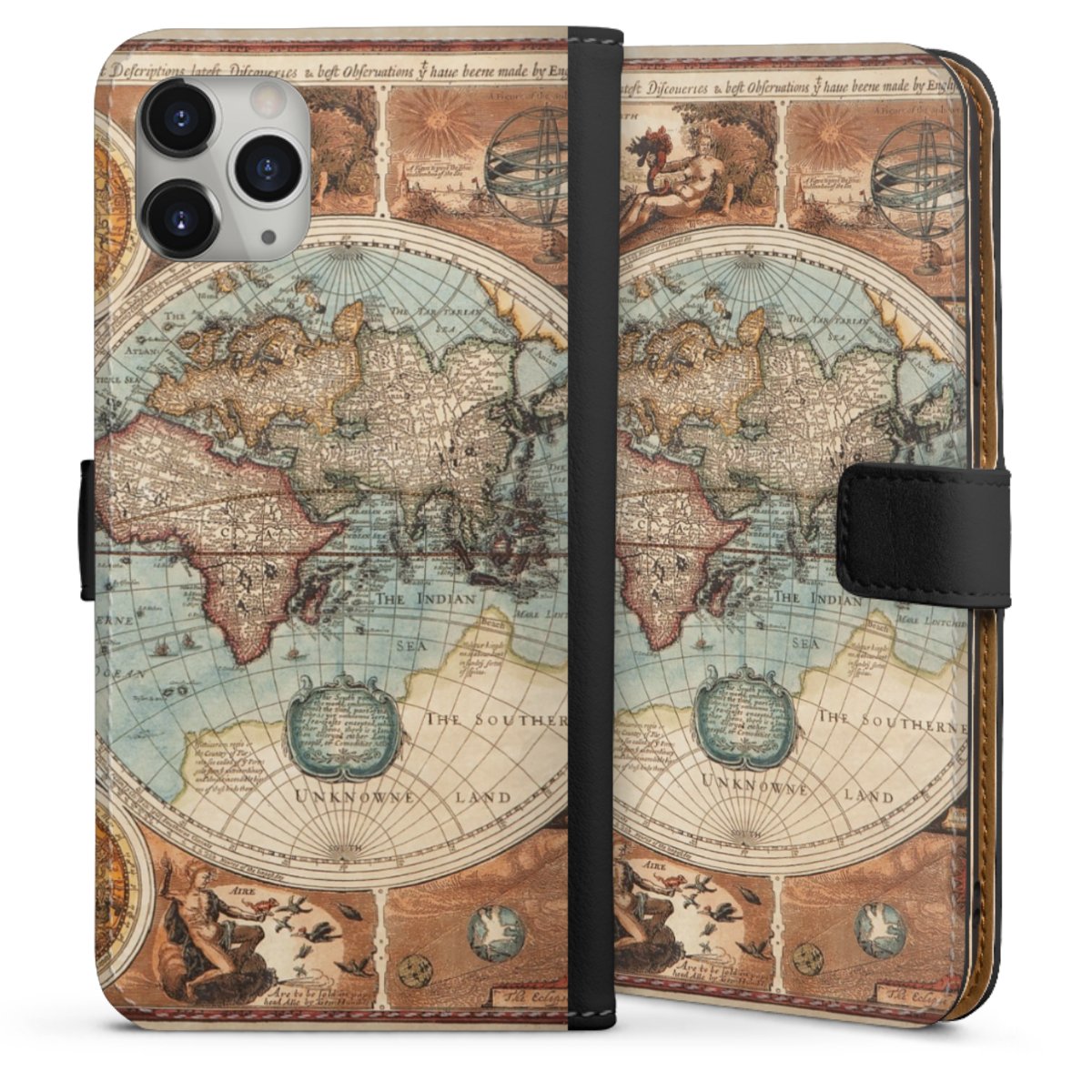 iPhone 11 Pro Max Handy Klapphülle Handyhülle aus Kunst Leder schwarz Flip Case World Map Vintage Map Sideflip mit Lasche