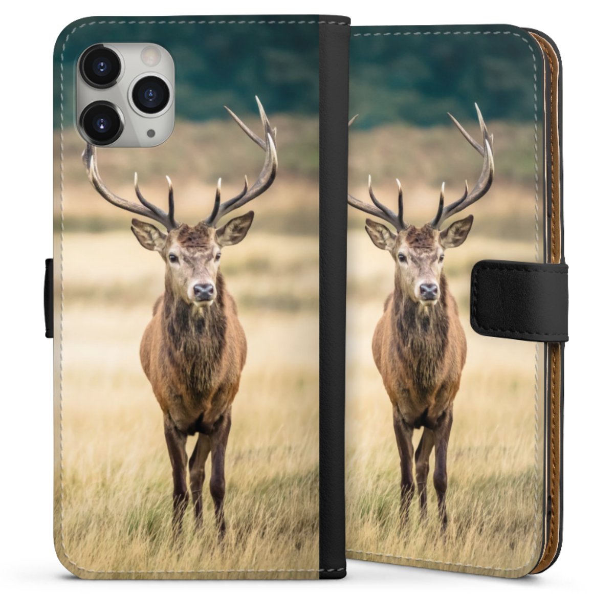 iPhone 11 Pro Max Handy Klapphülle Handyhülle aus Kunst Leder schwarz Flip Case Deer Meadow Forrest Sideflip mit Lasche