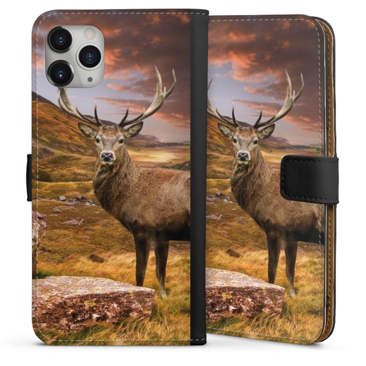 iPhone 11 Pro Max Handy Klapphülle Handyhülle aus Kunst Leder schwarz Flip Case Meadow Mountain Deer Sideflip mit Lasche