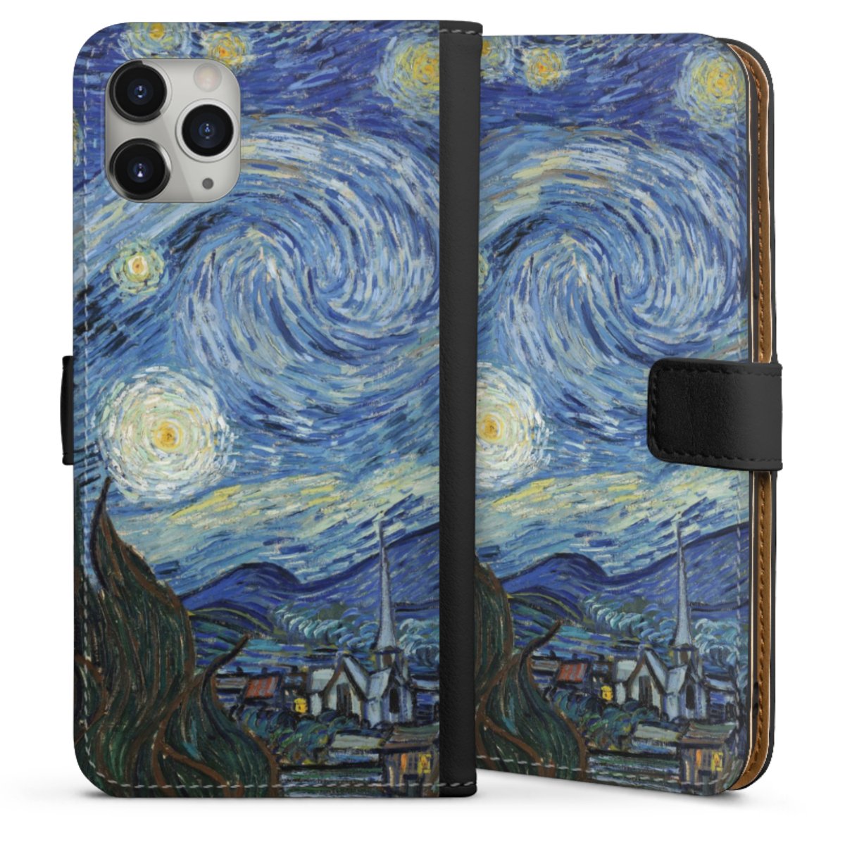 iPhone 11 Pro Max Handy Klapphülle Handyhülle aus Kunst Leder schwarz Flip Case The Starry Night Kunst Vincent Van Gogh Sideflip mit Lasche