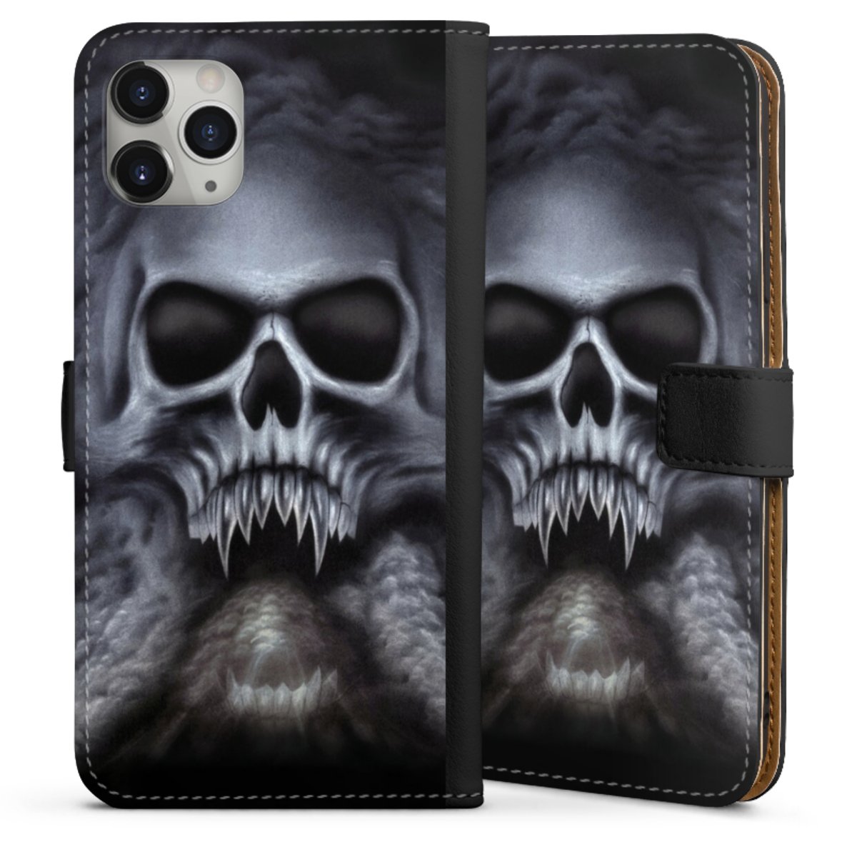 iPhone 11 Pro Max Handy Klapphülle Handyhülle aus Kunst Leder schwarz Flip Case Totenkopf Skull Sideflip mit Lasche