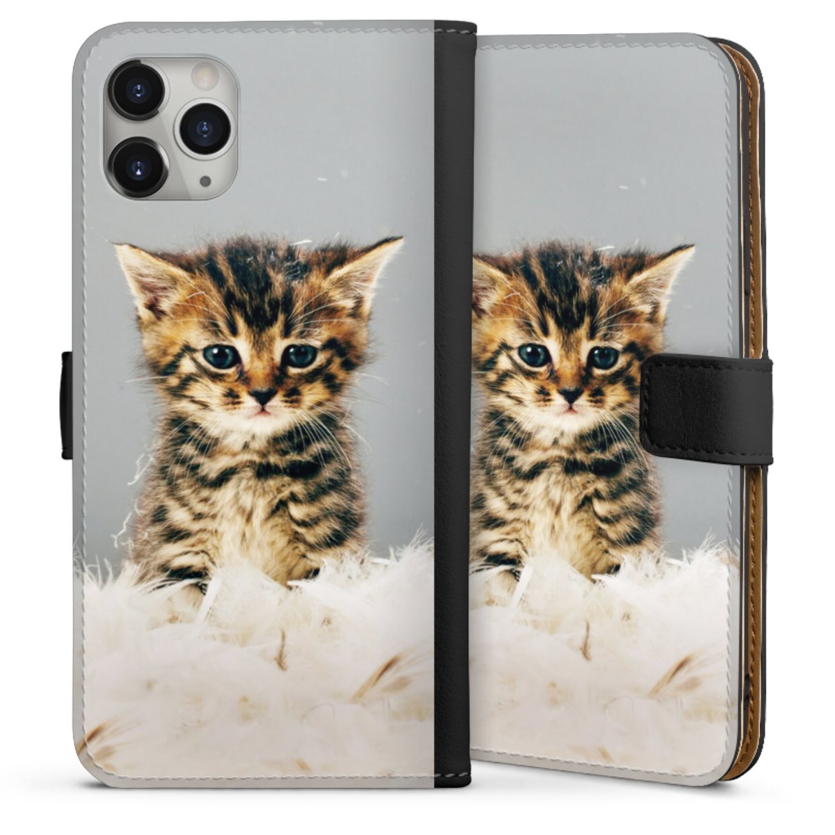 iPhone 11 Pro Max Handy Klapphülle Handyhülle aus Kunst Leder schwarz Flip Case Cat Feather Pet Sideflip mit Lasche