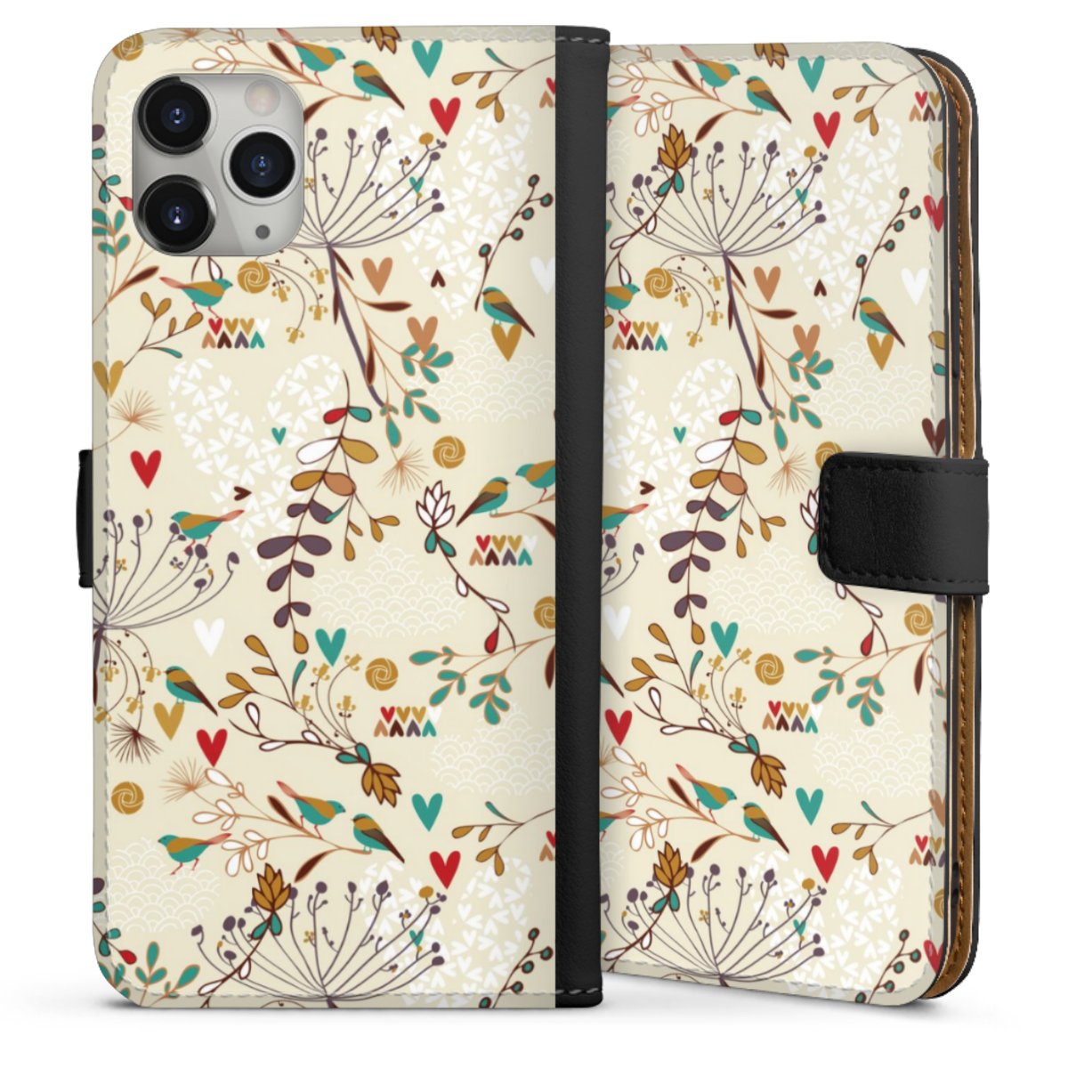 iPhone 11 Pro Max Handy Klapphülle Handyhülle aus Kunst Leder schwarz Flip Case Bird Flowers Retro Sideflip mit Lasche