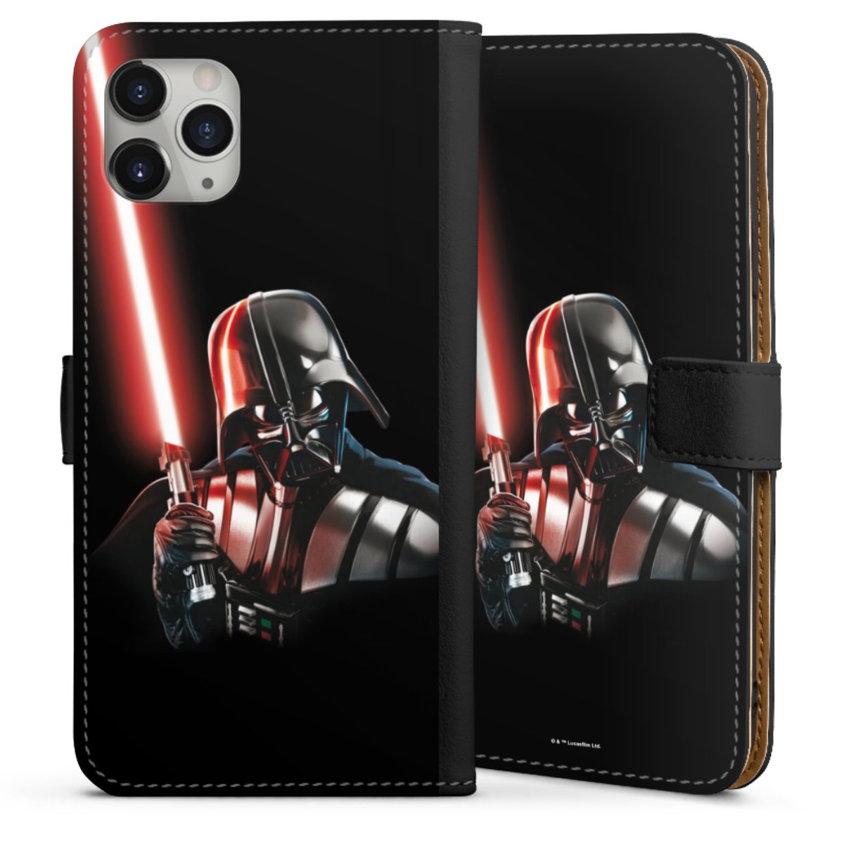 iPhone 11 Pro Max Handy Klapphülle Handyhülle aus Kunst Leder schwarz Flip Case Star Wars Merchandise Darth Vader Sideflip mit Lasche