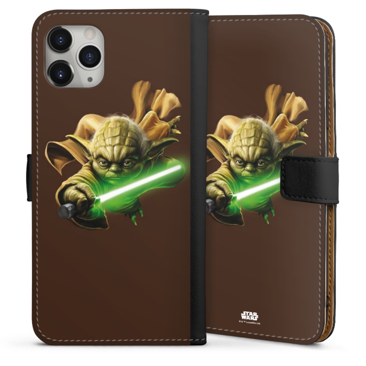 iPhone 11 Pro Max Handy Klapphülle Handyhülle aus Kunst Leder schwarz Flip Case Yoda Merchandise Star Wars Sideflip mit Lasche