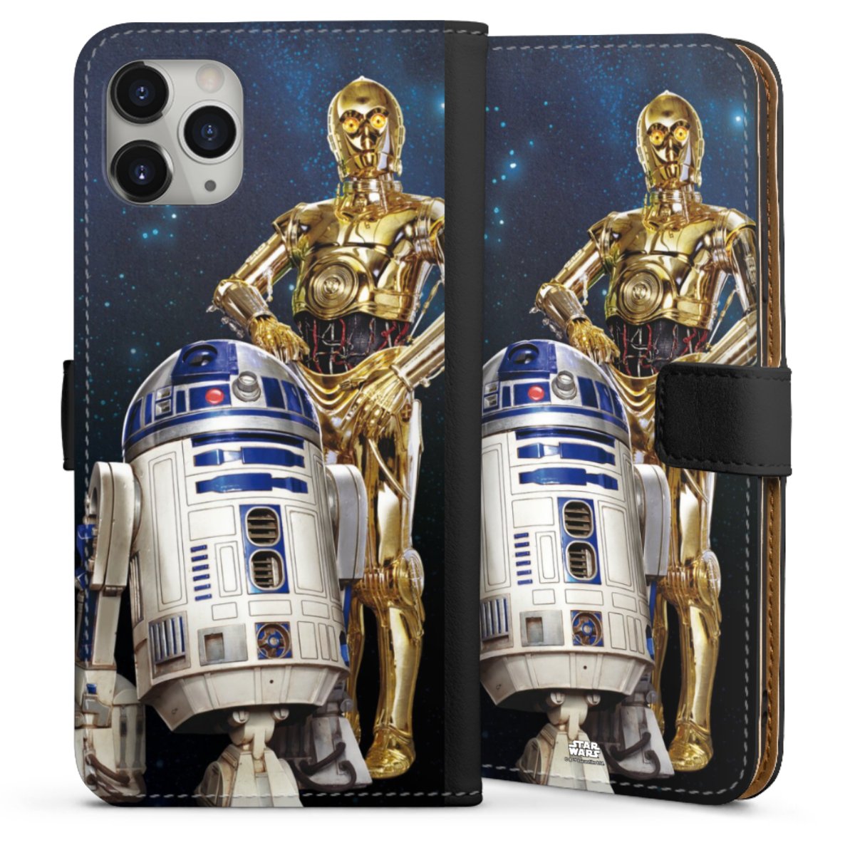 iPhone 11 Pro Max Handy Klapphülle Handyhülle aus Kunst Leder schwarz Flip Case Weltall Star Wars R2d2 Sideflip mit Lasche