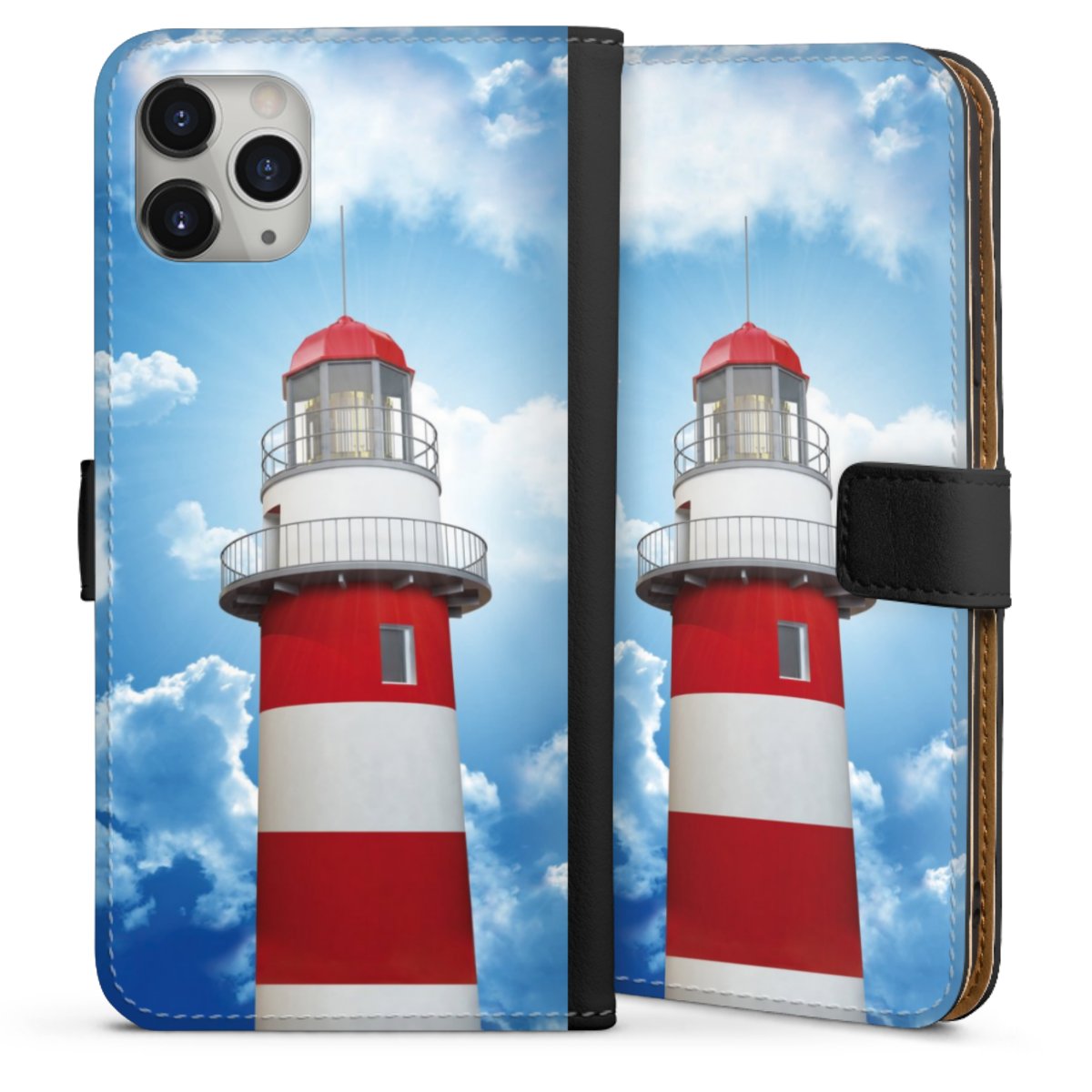 iPhone 11 Pro Max Handy Klapphülle Handyhülle aus Kunst Leder schwarz Flip Case Lighthouse Sky Cloud Sideflip mit Lasche