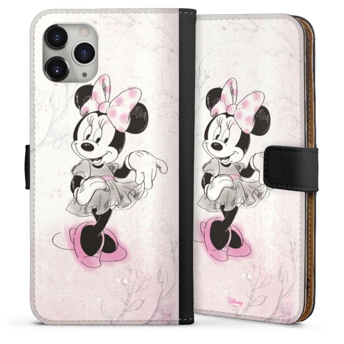 iPhone 11 Pro Max Handy Klapphülle Handyhülle aus Kunst Leder schwarz Flip Case Disney Minnie Mouse Vintage Sideflip mit Lasche