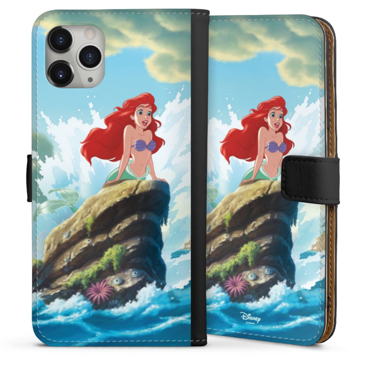 iPhone 11 Pro Max Handy Klapphülle Handyhülle aus Kunst Leder schwarz Flip Case Mermaid Arielle Die Meerjungfrau Official Licensed Product Sideflip mit Lasche