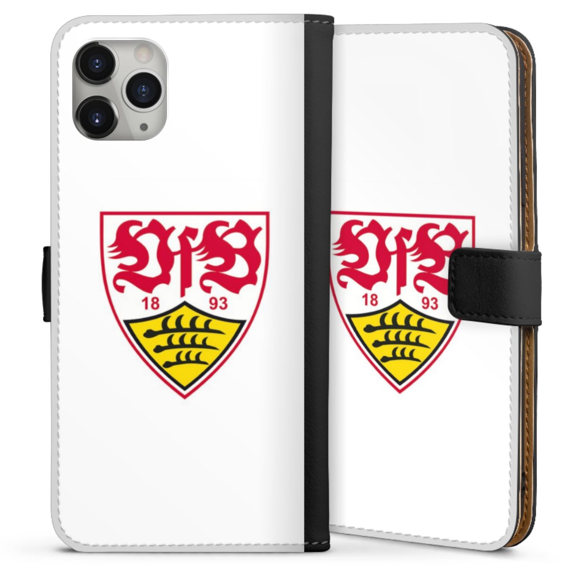 iPhone 11 Pro Max Handy Klapphülle Handyhülle aus Kunst Leder schwarz Flip Case Logo Official Licensed Product Vfb Stuttgart Sideflip mit Lasche