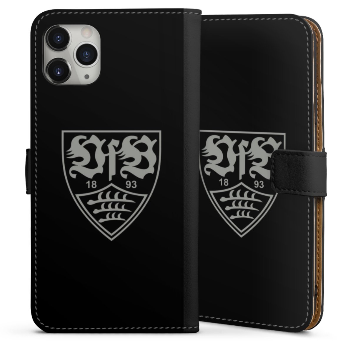 iPhone 11 Pro Max Handy Klapphülle Handyhülle aus Kunst Leder schwarz Flip Case Official Licensed Product Vfb Stuttgart Sideflip mit Lasche