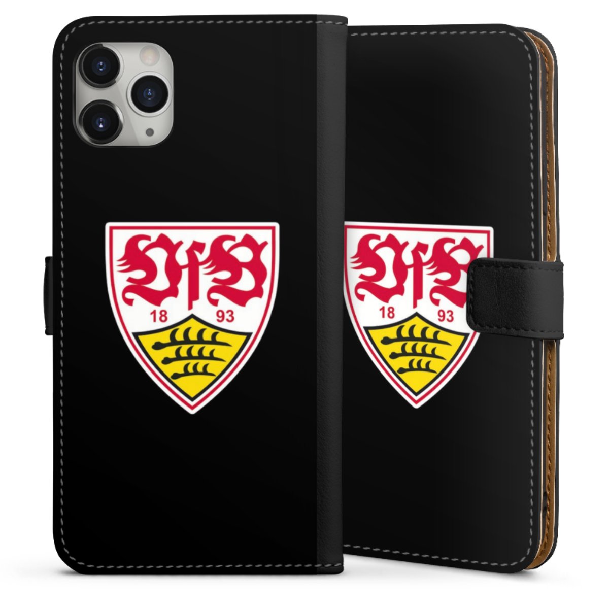 iPhone 11 Pro Max Handy Klapphülle Handyhülle aus Kunst Leder schwarz Flip Case Vfb Stuttgart Official Licensed Product Coat Of Arms Sideflip mit Lasche