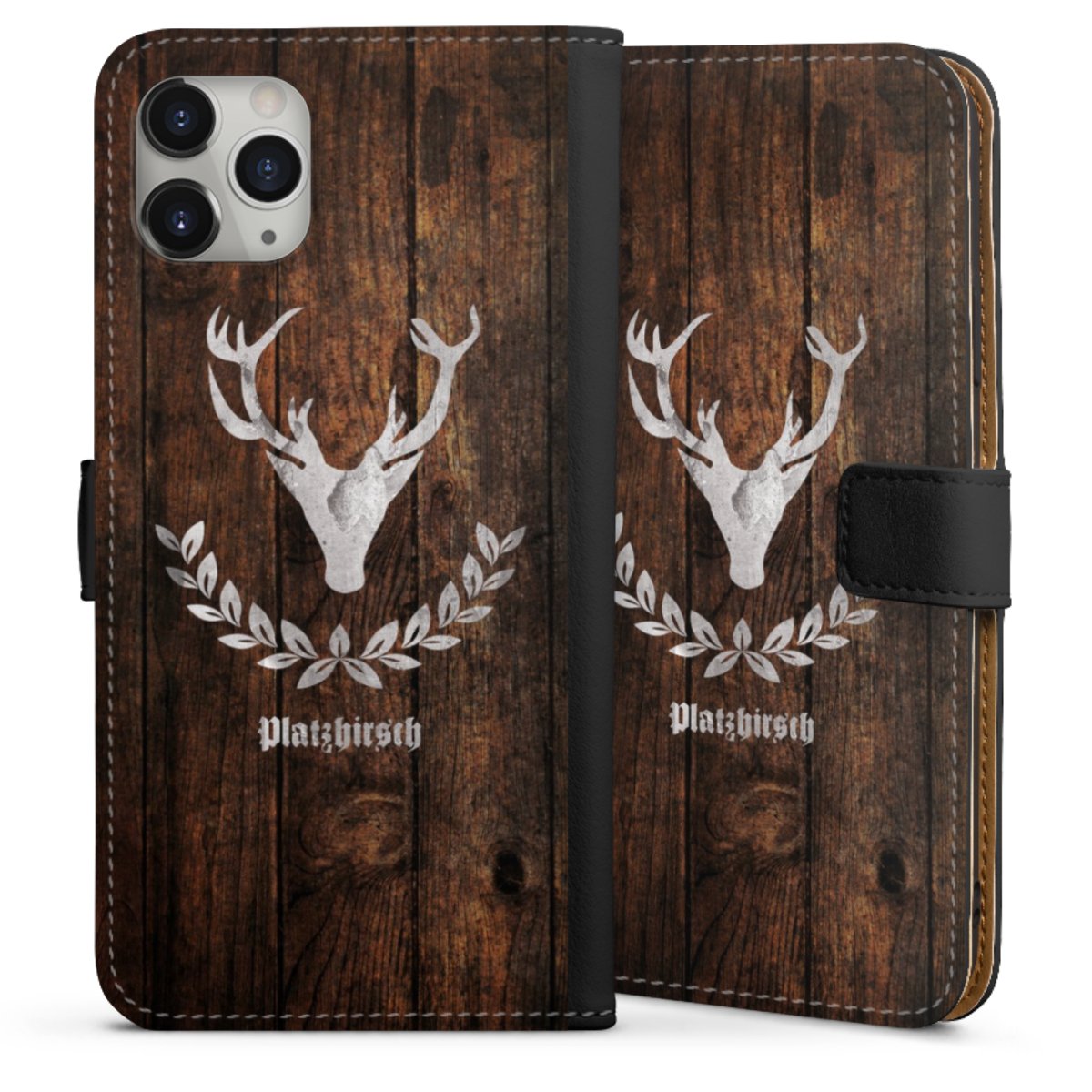 iPhone 11 Pro Max Handy Klapphülle Handyhülle aus Kunst Leder schwarz Flip Case Deer Wood Wooden Look Sideflip mit Lasche