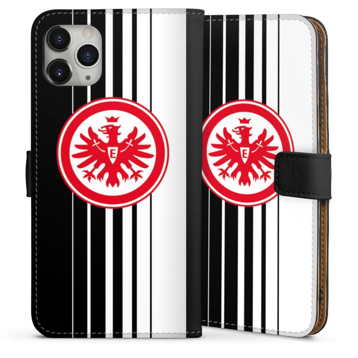 iPhone 11 Pro Max Handy Klapphülle Handyhülle aus Kunst Leder schwarz Flip Case Stripes Eintracht Frankfurt Official Licensed Product Sideflip mit Lasche