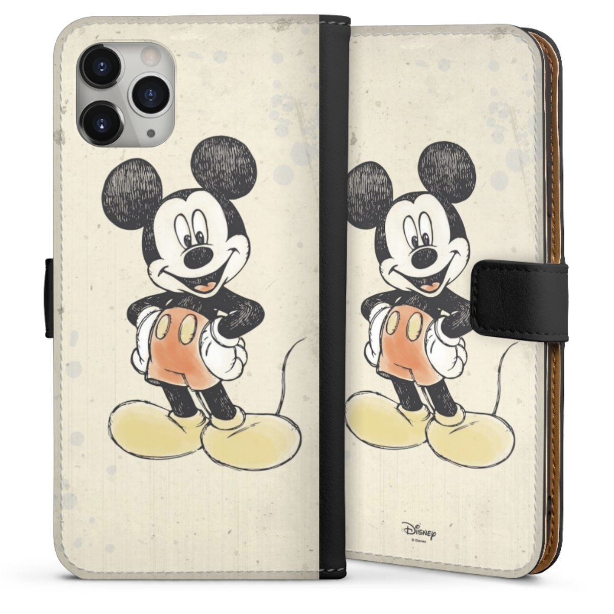 iPhone 11 Pro Max Handy Klapphülle Handyhülle aus Kunst Leder schwarz Flip Case Water Colour Mickey & Minnie Mouse Official Licensed Product Sideflip mit Lasche