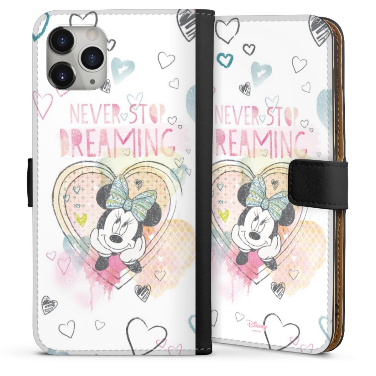 iPhone 11 Pro Max Handy Klapphülle Handyhülle aus Kunst Leder schwarz Flip Case Disney Official Licensed Product Minnie Mouse Sideflip mit Lasche