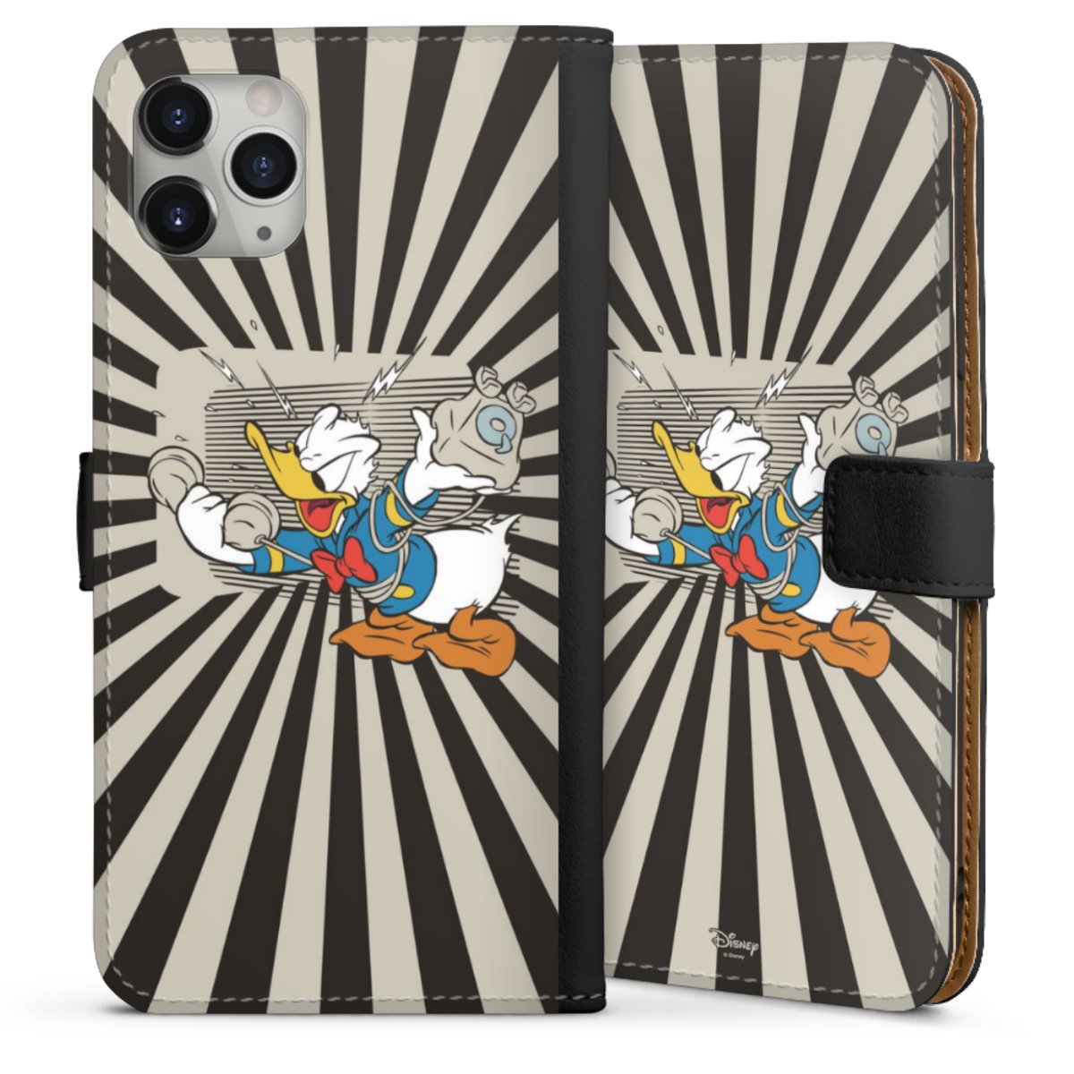 iPhone 11 Pro Max Handy Klapphülle Handyhülle aus Kunst Leder schwarz Flip Case Donald Duck Disney Official Licensed Product Sideflip mit Lasche