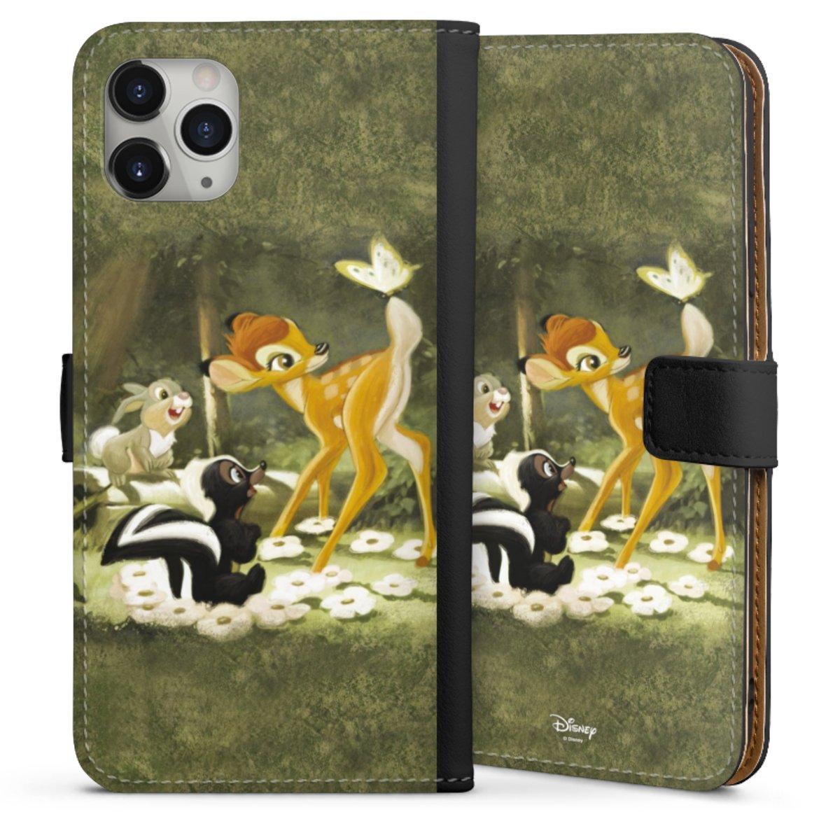 iPhone 11 Pro Max Handy Klapphülle Handyhülle aus Kunst Leder schwarz Flip Case Disney Official Licensed Product Bambi Sideflip mit Lasche