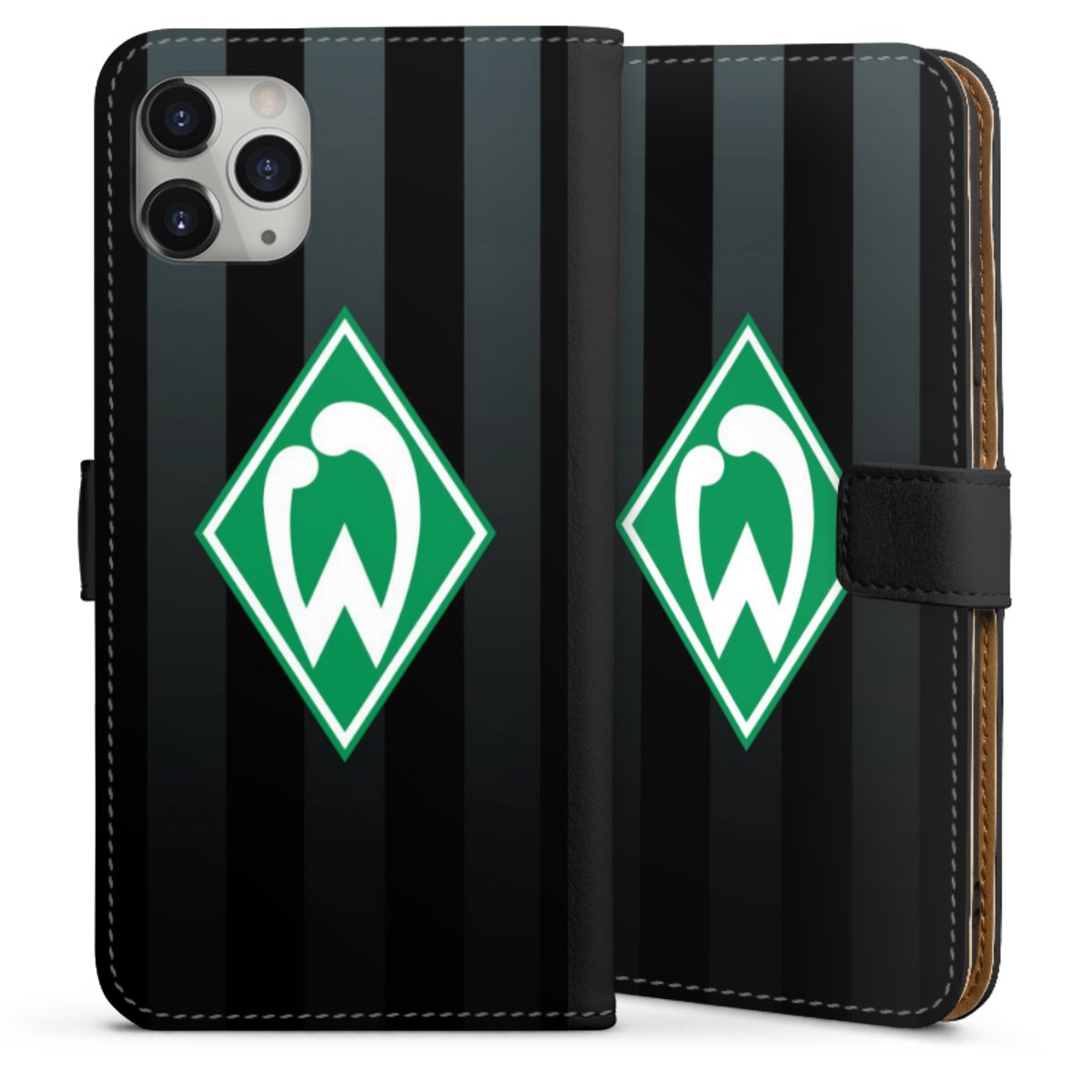 iPhone 11 Pro Max Handy Klapphülle Handyhülle aus Kunst Leder schwarz Flip Case Stripes Sv Werder Bremen Official Licensed Product Sideflip mit Lasche