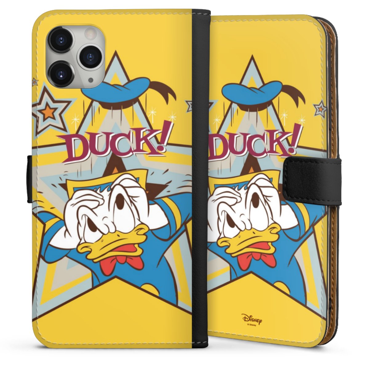 iPhone 11 Pro Max Handy Klapphülle Handyhülle aus Kunst Leder schwarz Flip Case Official Licensed Product Donald Duck Disney Sideflip mit Lasche