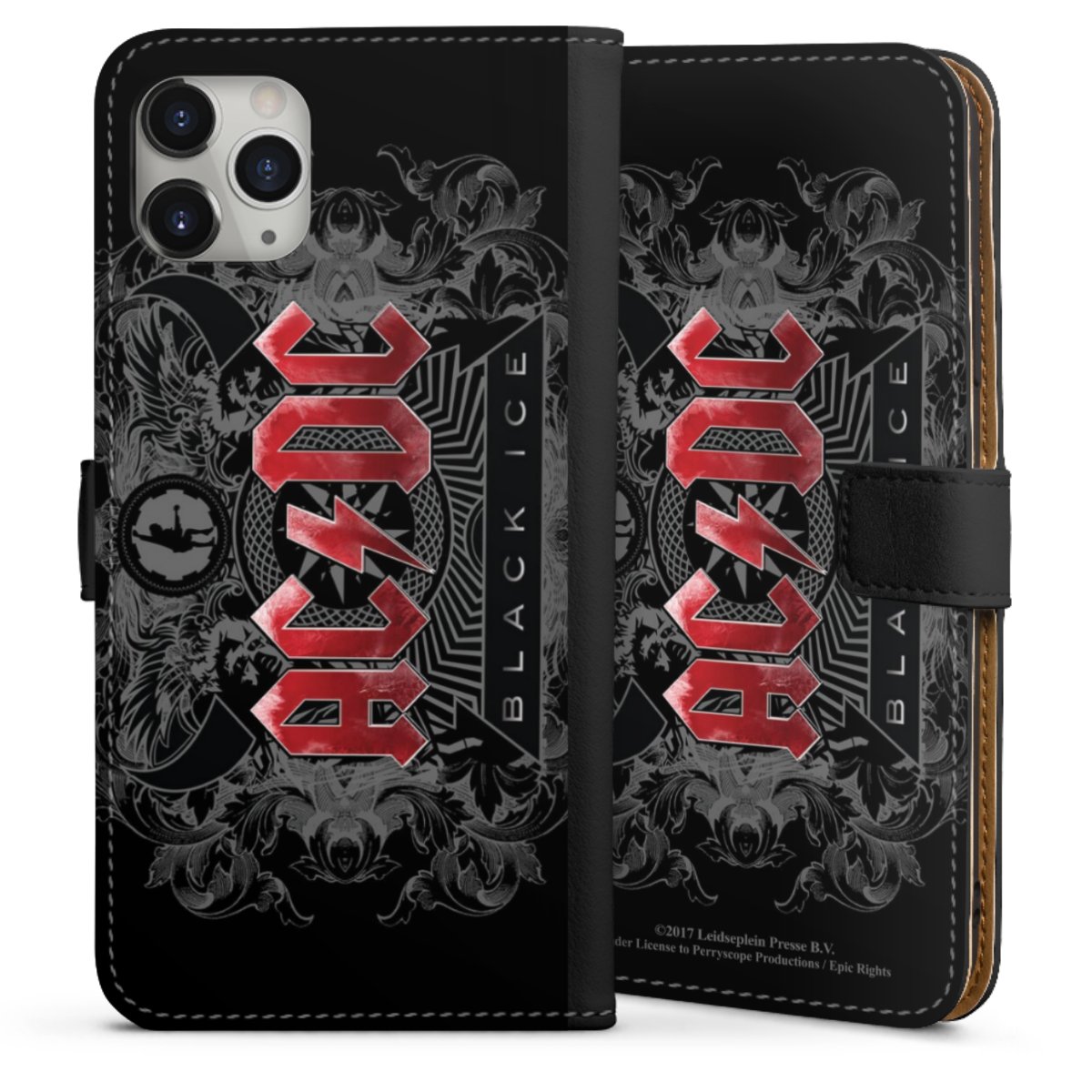 iPhone 11 Pro Max Handy Klapphülle Handyhülle aus Kunst Leder schwarz Flip Case Merchandise Black Ice Acdc Sideflip mit Lasche