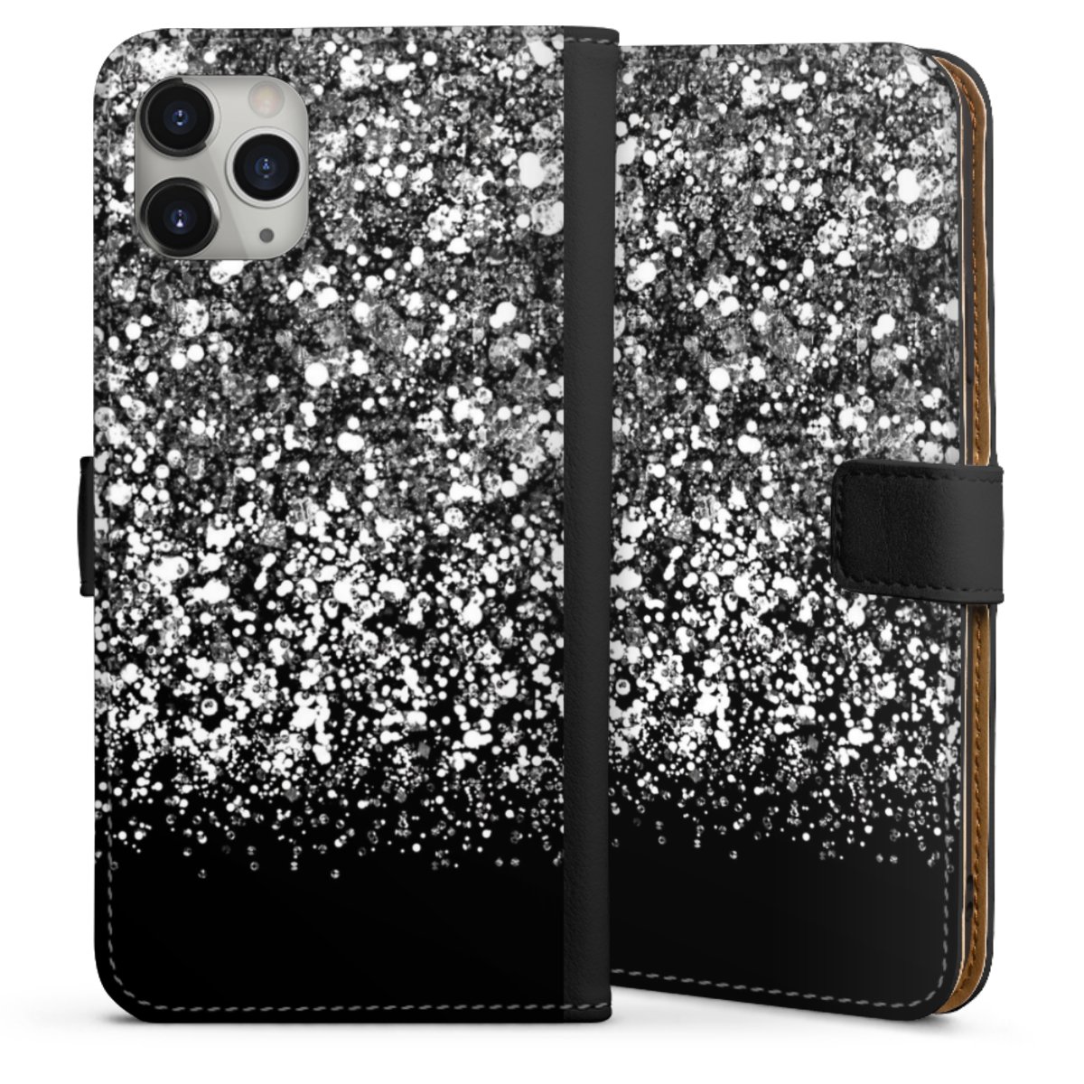 iPhone 11 Pro Max Handy Klapphülle Handyhülle aus Kunst Leder schwarz Flip Case Glitzer Snowflake Muster Sideflip mit Lasche