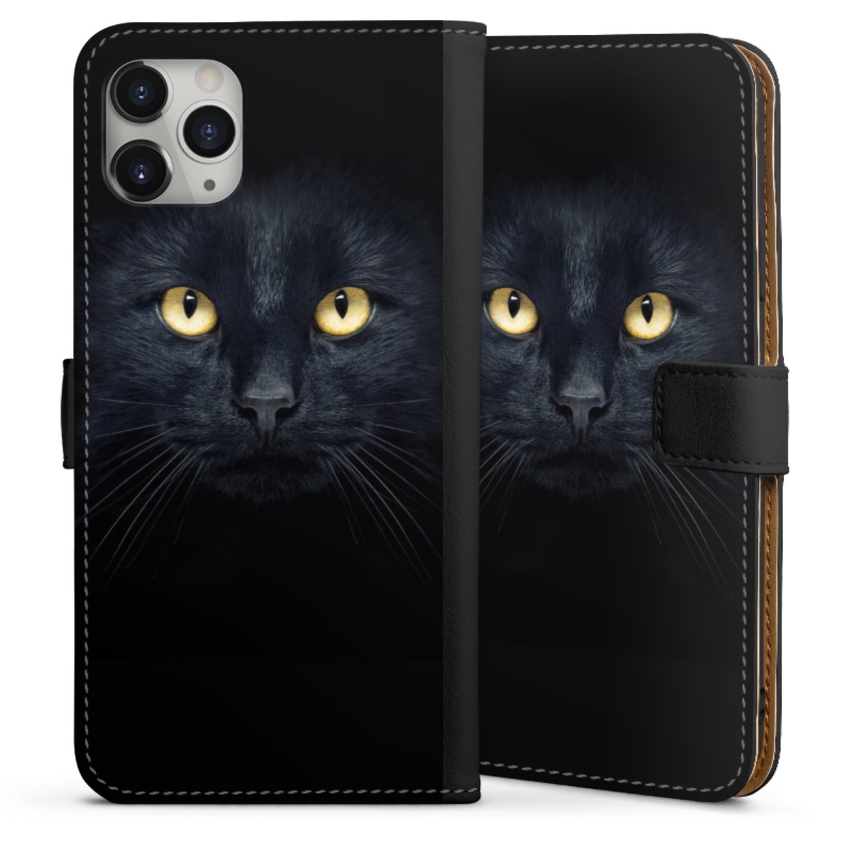 iPhone 11 Pro Max Handy Klapphülle Handyhülle aus Kunst Leder schwarz Flip Case Eye Cat Black Sideflip mit Lasche