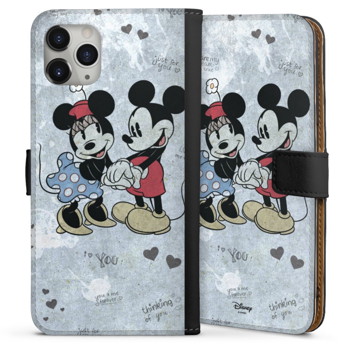 iPhone 11 Pro Max Handy Klapphülle Handyhülle aus Kunst Leder schwarz Flip Case Mickey & Minnie Mouse Vintage Disney Sideflip mit Lasche