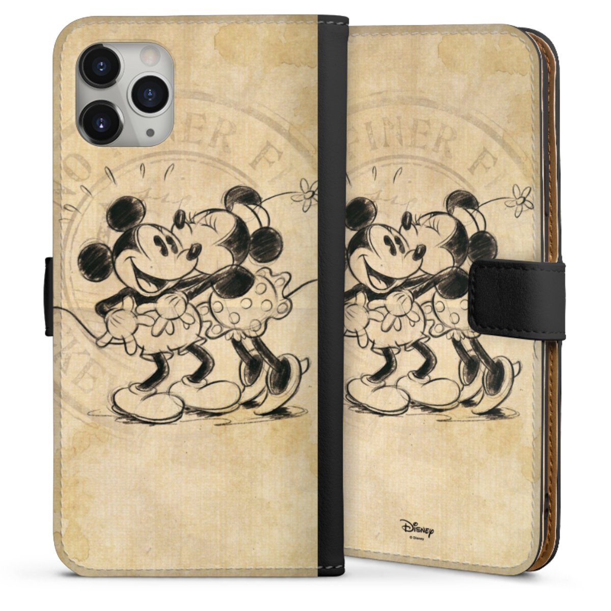 iPhone 11 Pro Max Handy Klapphülle Handyhülle aus Kunst Leder schwarz Flip Case Mickey Mouse Vintage Minnie Mouse Sideflip mit Lasche