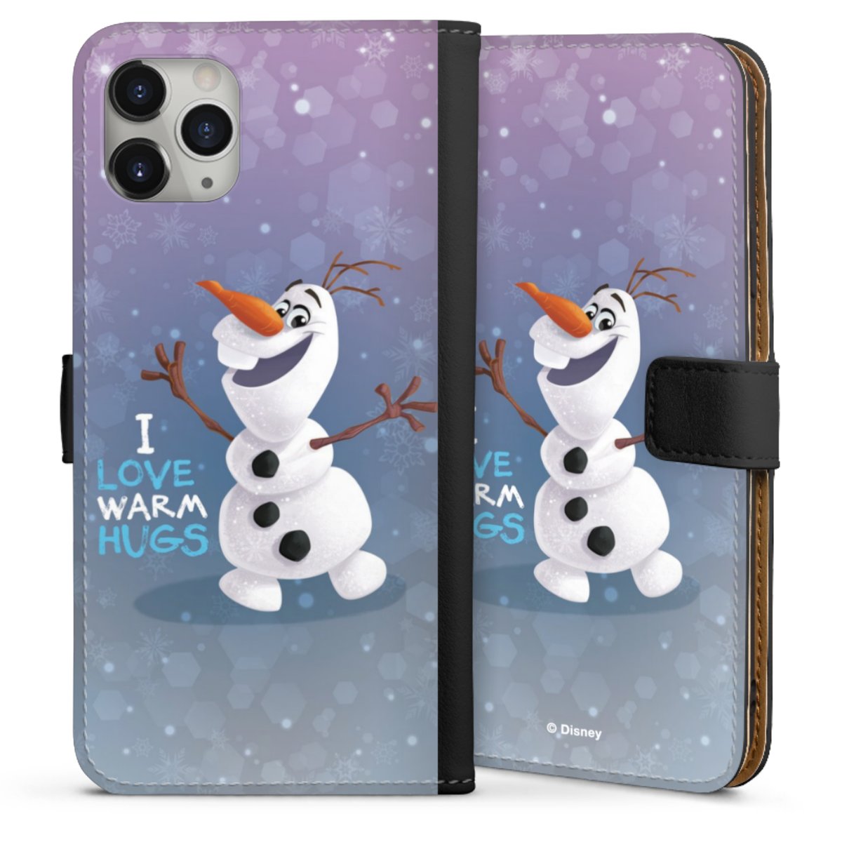 iPhone 11 Pro Max Handy Klapphülle Handyhülle aus Kunst Leder schwarz Flip Case Frozen Frozen Olaf Official Licensed Product Sideflip mit Lasche