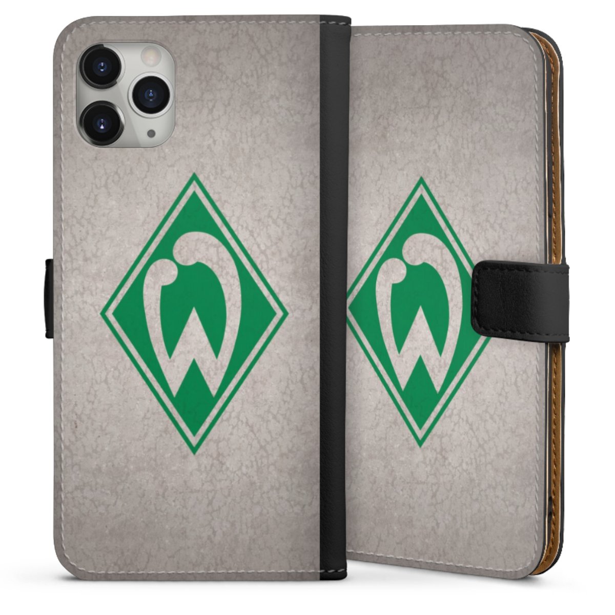 iPhone 11 Pro Max Handy Klapphülle Handyhülle aus Kunst Leder schwarz Flip Case Sv Werder Bremen Concrete Official Licensed Product Sideflip mit Lasche