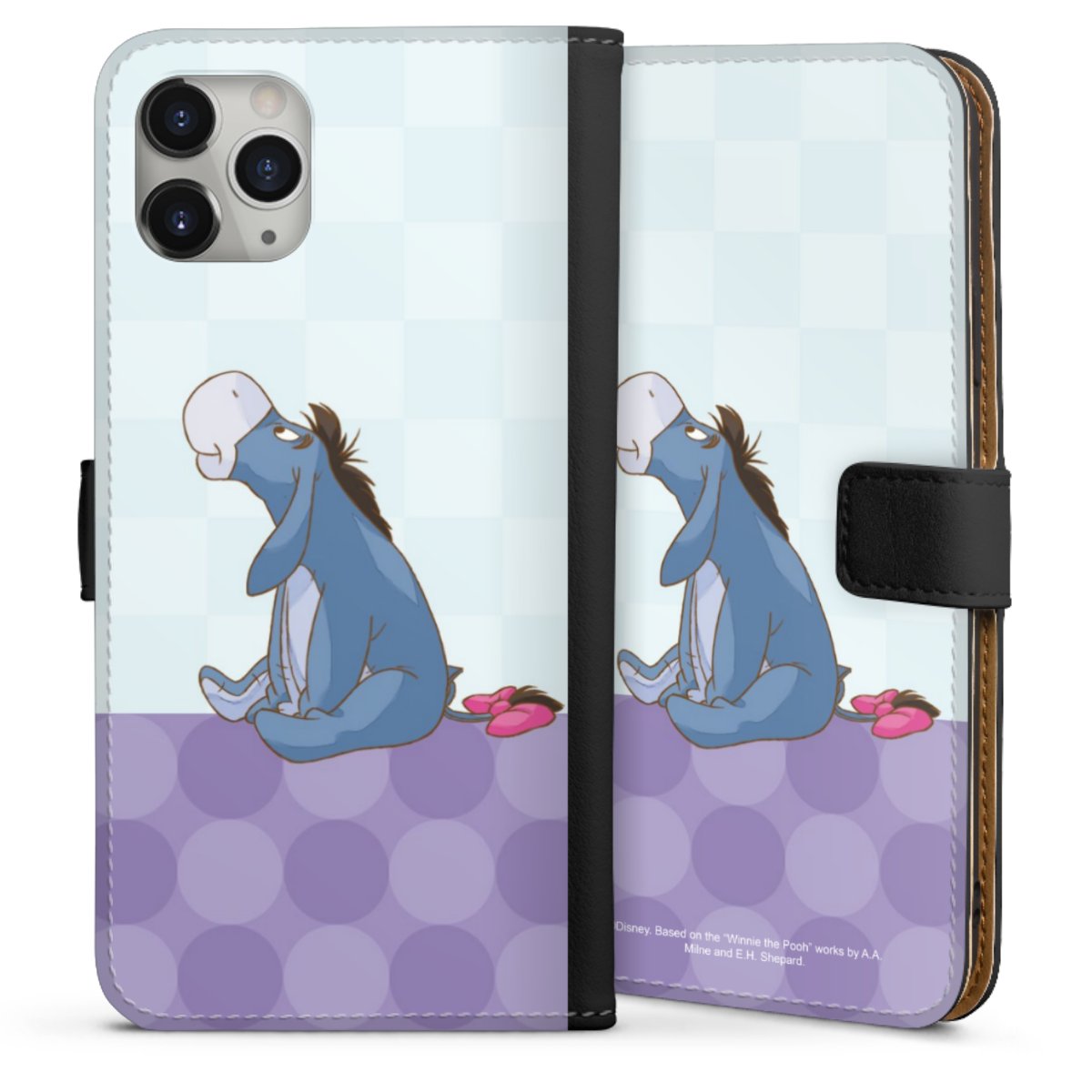 iPhone 11 Pro Max Handy Klapphülle Handyhülle aus Kunst Leder schwarz Flip Case Disney Donkey Winnie The Pooh Sideflip mit Lasche