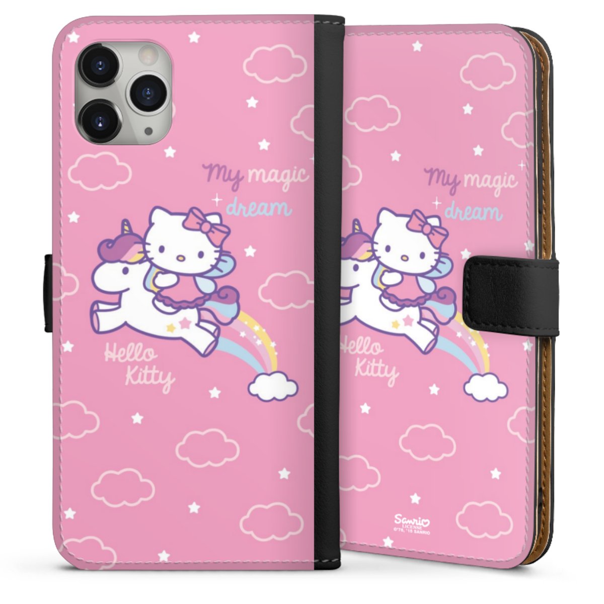 iPhone 11 Pro Max Handy Klapphülle Handyhülle aus Kunst Leder schwarz Flip Case Einhorn Official Licensed Product Hello Kitty Sideflip mit Lasche