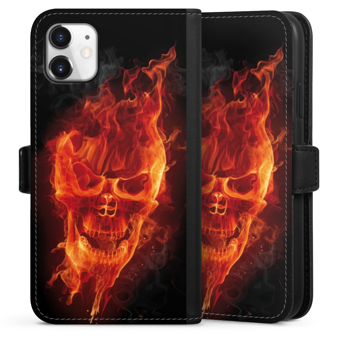 iPhone 11 Handy Klapphülle Handyhülle aus Kunst Leder schwarz Flip Case Totenkopf Skull Fire Sideflip mit Lasche