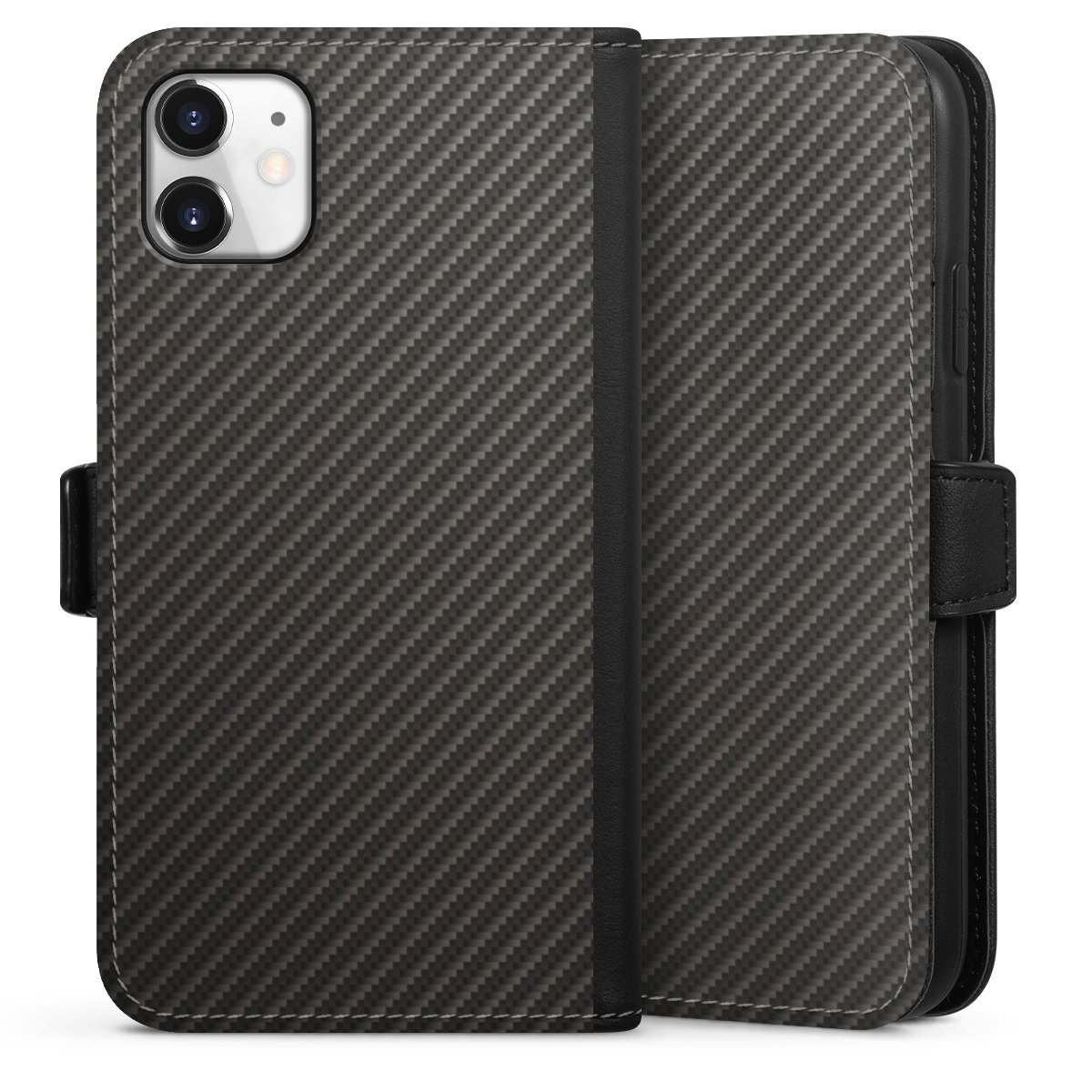 iPhone 11 Handy Klapphülle Handyhülle aus Kunst Leder schwarz Flip Case Metallic Look Carbon Muster Sideflip mit Lasche