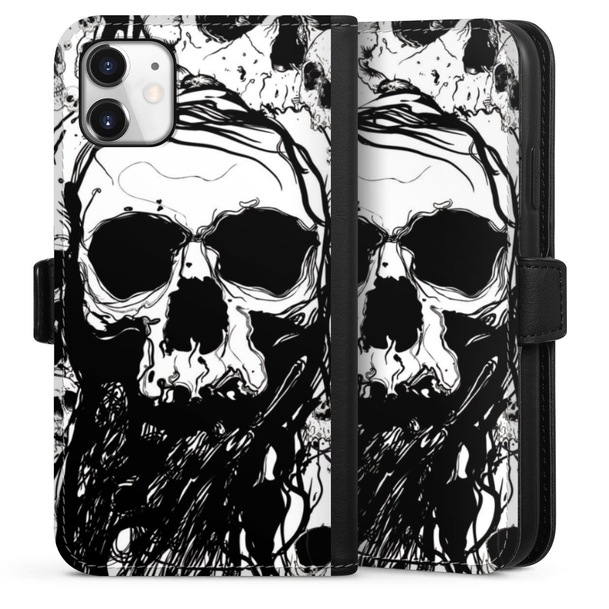 iPhone 11 Handy Klapphülle Handyhülle aus Kunst Leder schwarz Flip Case Totenkopf Halloween Sideflip mit Lasche