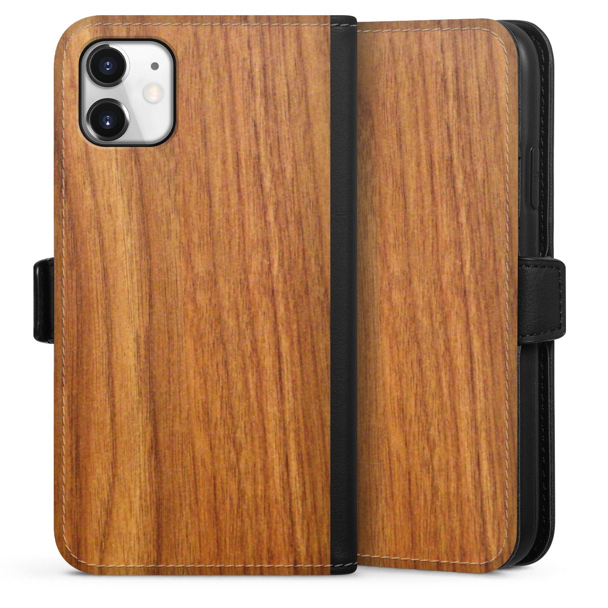 iPhone 11 Handy Klapphülle Handyhülle aus Kunst Leder schwarz Flip Case Wood Larch Wooden Look Sideflip mit Lasche