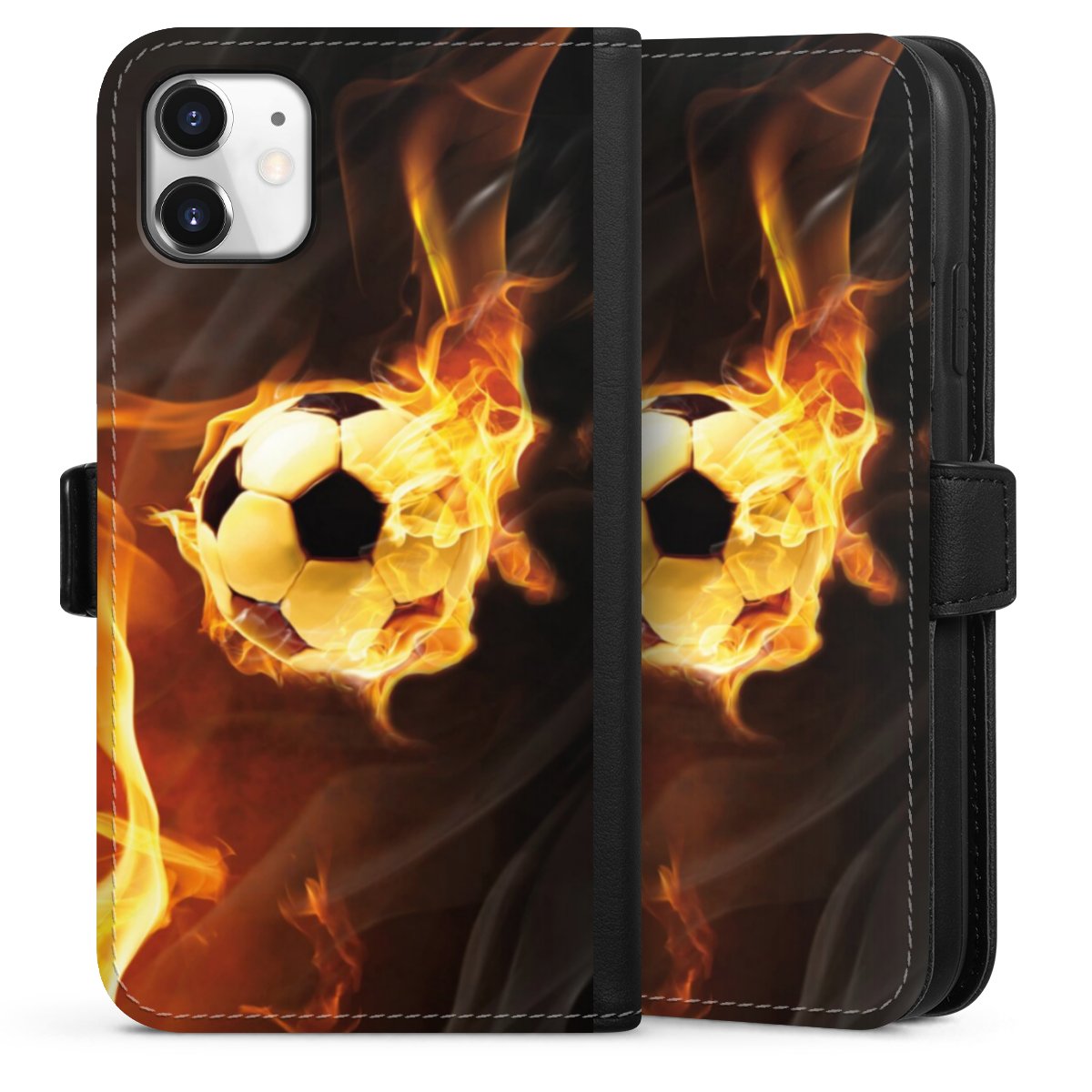 iPhone 11 Handy Klapphülle Handyhülle aus Kunst Leder schwarz Flip Case Ball Fire Soccer Sideflip mit Lasche