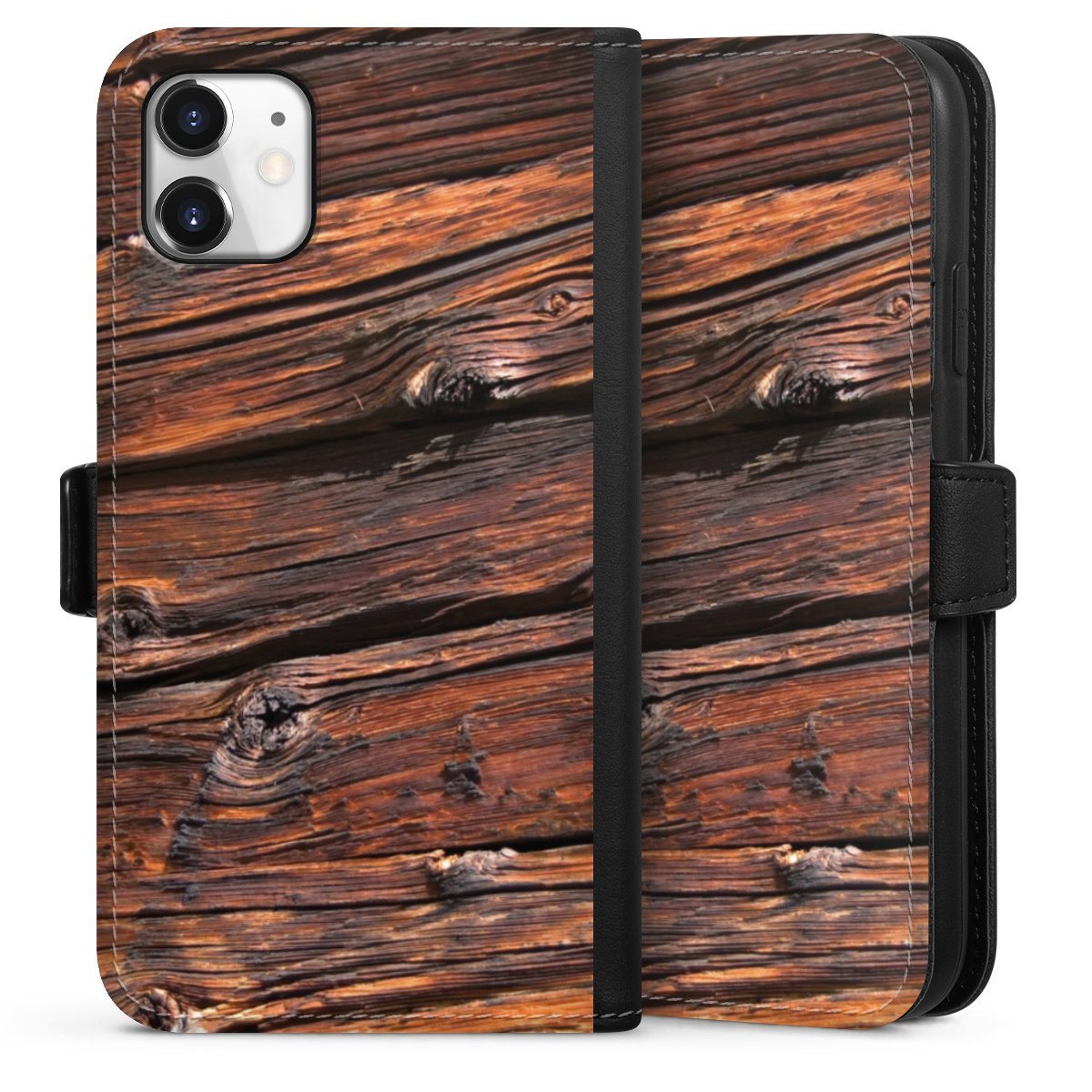 iPhone 11 Handy Klapphülle Handyhülle aus Kunst Leder schwarz Flip Case Beams Wooden Look Wood Sideflip mit Lasche