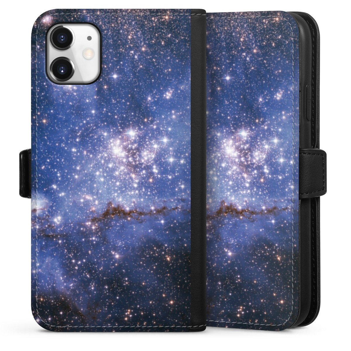 iPhone 11 Handy Klapphülle Handyhülle aus Kunst Leder schwarz Flip Case Weltall Galaxy Weltraum Sideflip mit Lasche