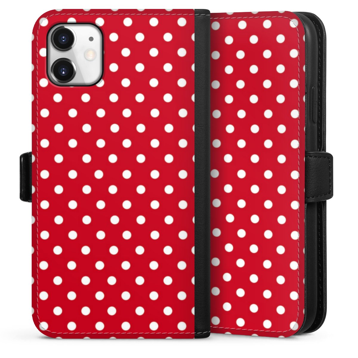 iPhone 11 Handy Klapphülle Handyhülle aus Kunst Leder schwarz Flip Case Points Polka Dots Retro Sideflip mit Lasche