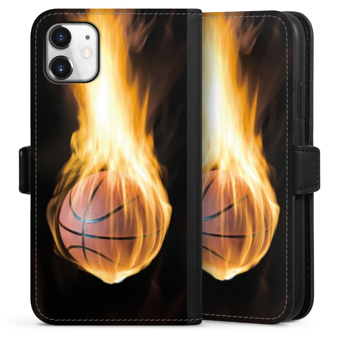 iPhone 11 Handy Klapphülle Handyhülle aus Kunst Leder schwarz Flip Case Basketball Sports Fire Sideflip mit Lasche