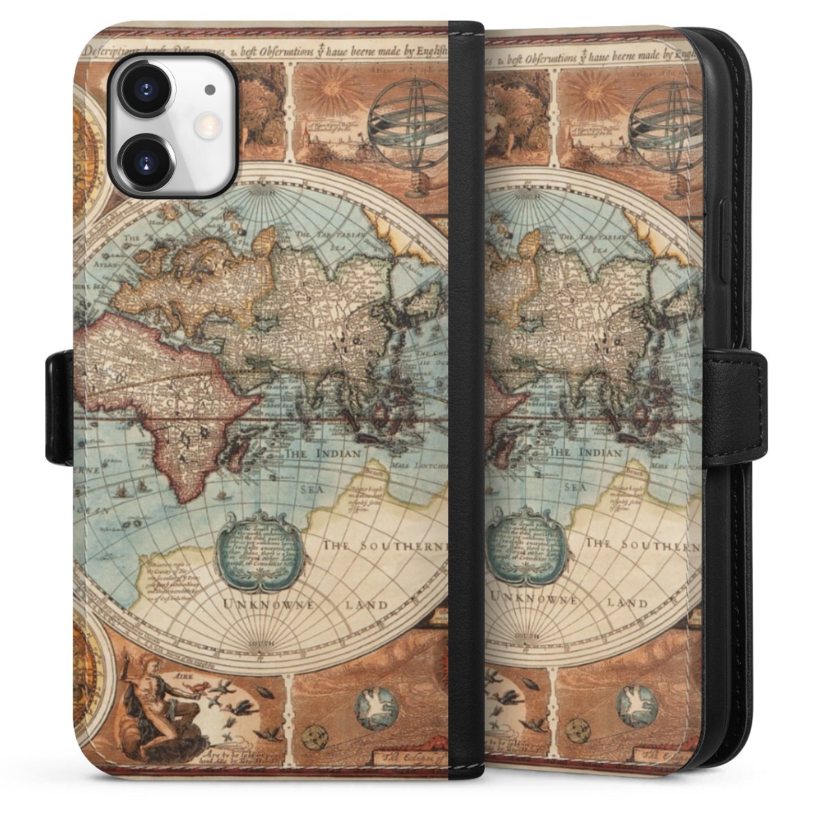 iPhone 11 Handy Klapphülle Handyhülle aus Kunst Leder schwarz Flip Case World Map Vintage Map Sideflip mit Lasche