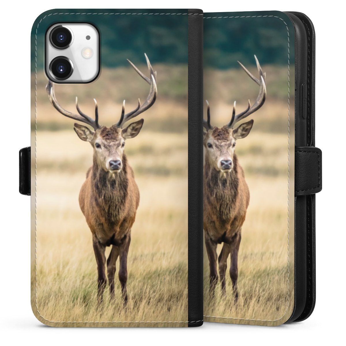 iPhone 11 Handy Klapphülle Handyhülle aus Kunst Leder schwarz Flip Case Deer Meadow Forrest Sideflip mit Lasche