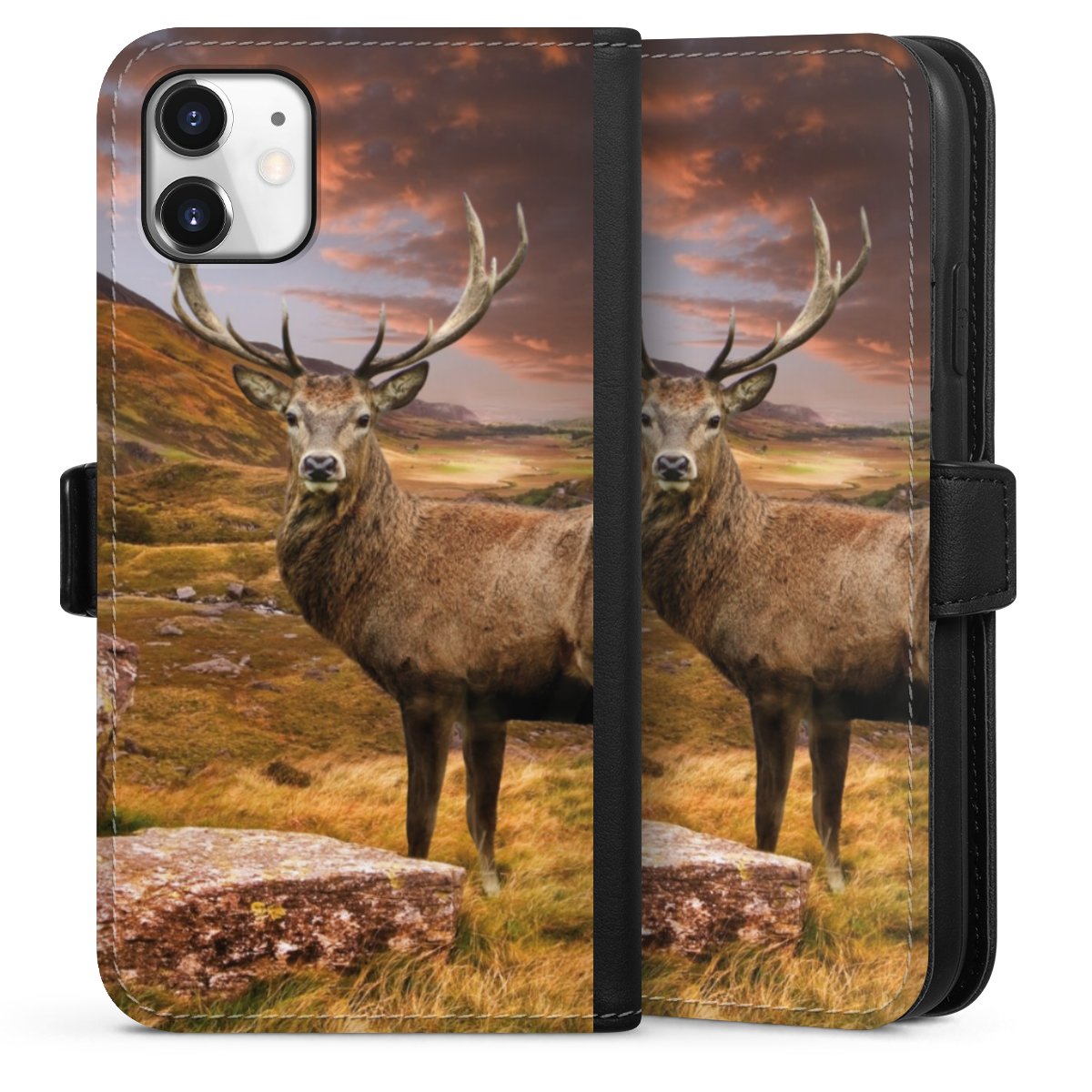 iPhone 11 Handy Klapphülle Handyhülle aus Kunst Leder schwarz Flip Case Meadow Mountain Deer Sideflip mit Lasche